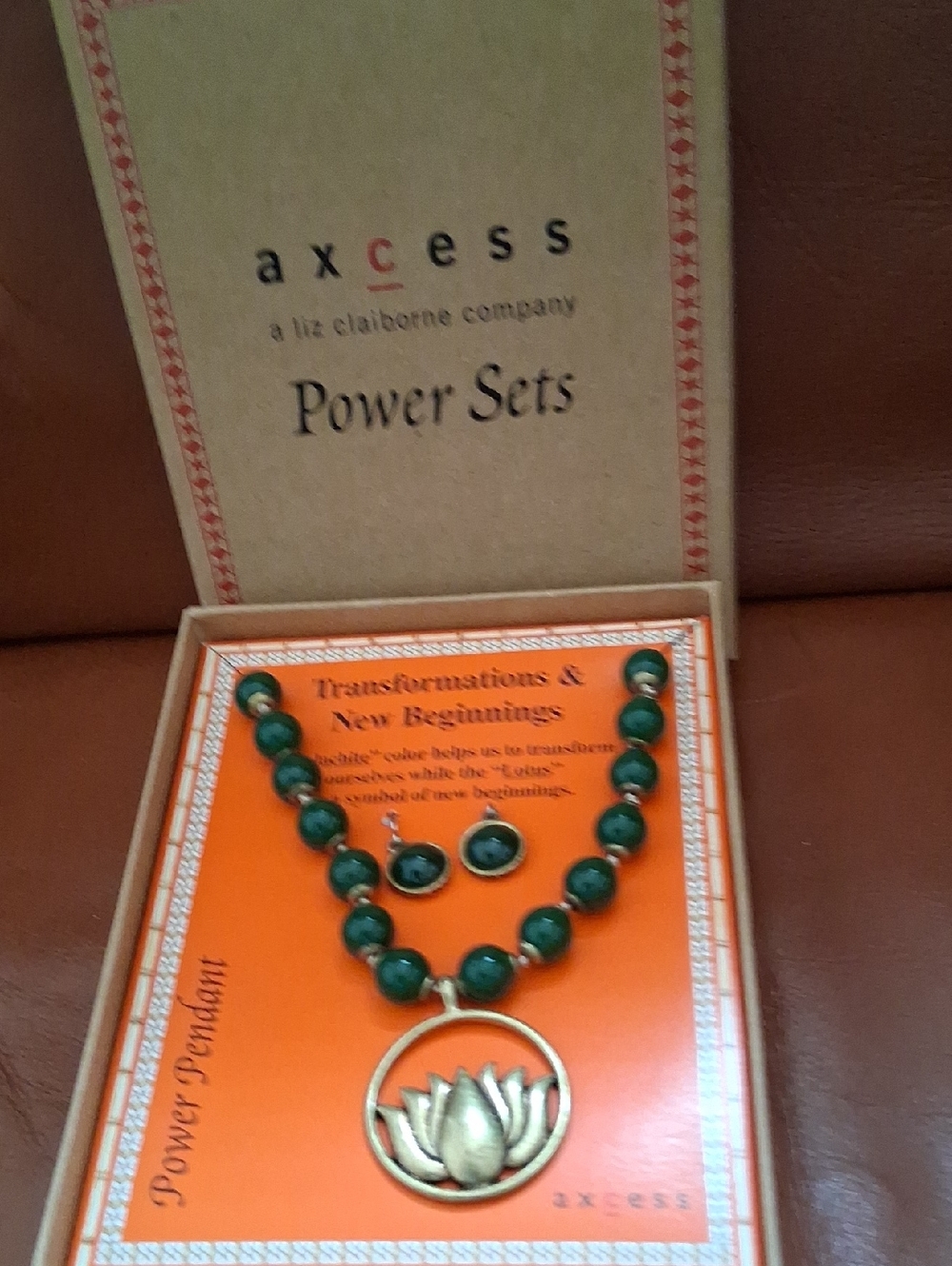 Axcess Green Beaded Necklace with Gold Lotus Pendant and Studs